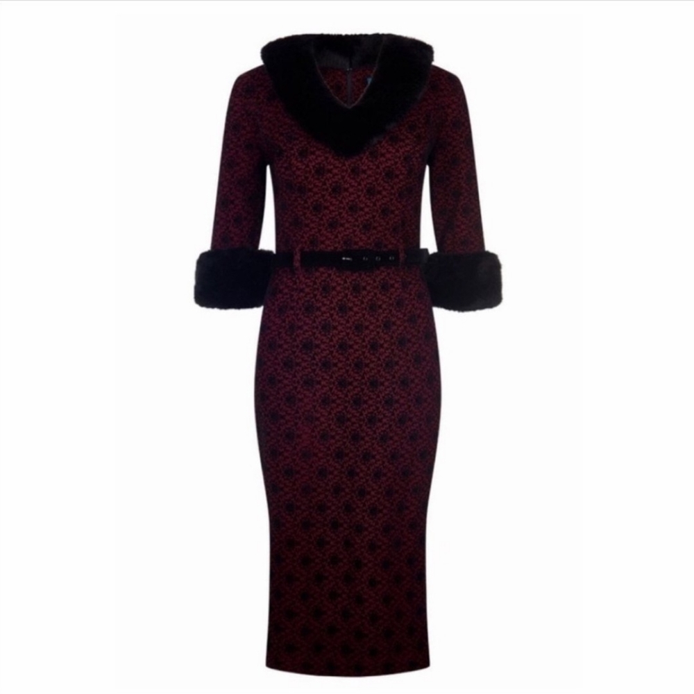 Collectif Patrice Fur Collar Sheath Dress w/ Belt